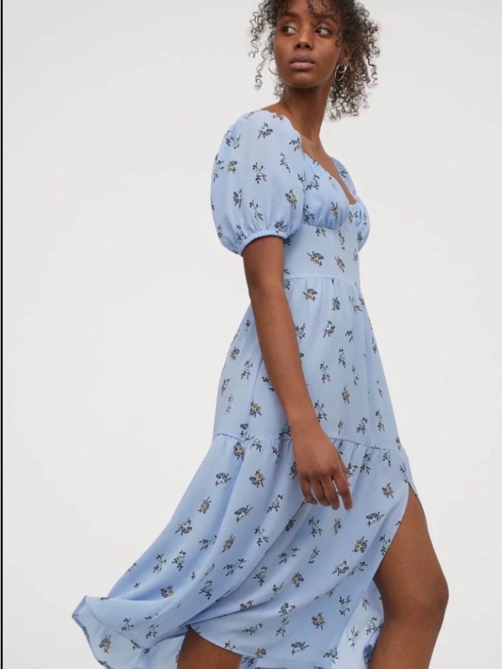 H&M Light Blue Floral Maxi Dress with Puff Sleeves